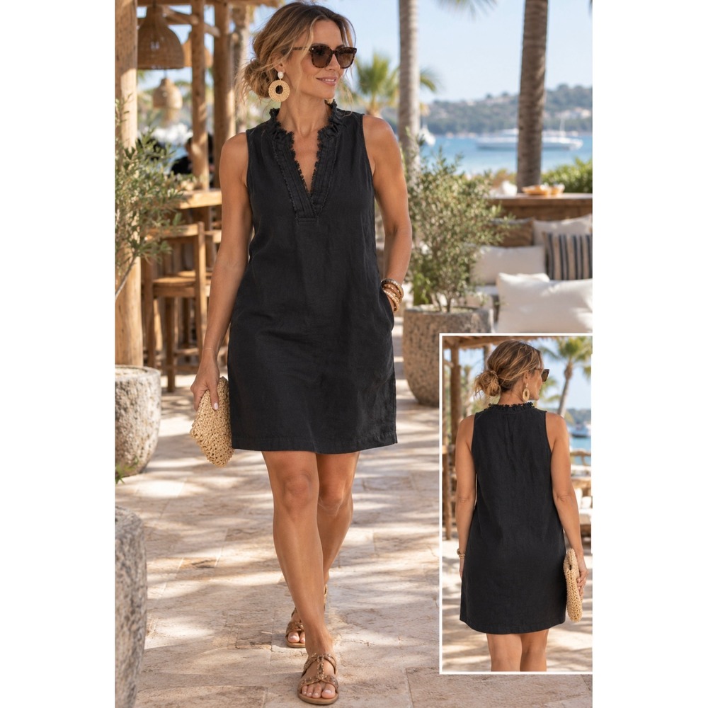 Tommy Bahama Linen Ruffle V-Neck Shift Dress Size M Coastal Boho resortwear